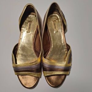 Miu Miu Open Toe Flats Sz 37, Gold, Bronze, Gray, Leather, Made in Italy